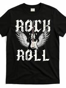 Unisex T-Shirt Made Of Pure Cotton, Vintage Style 70s 80s Rock'n'Roll Graphic T-Shirt, Black, Troubled, Guitar, Wings Design, Unisex, Cotton, Tea For Men And Women, Streetwear, Casual, Music, Gift, Machine Washable, Guitar Shirt, Music-Themed, Relaxed Fit, Short Sleeve, Cover, Casual, Breathable, Soft, Summer, Summer T-Shirt, Blouse, Basic Tops, Tops, Shirt, Creative Design, Outdoor Play, Cool Style, Fun Design, Great For Outdoor Play - Black - View 1