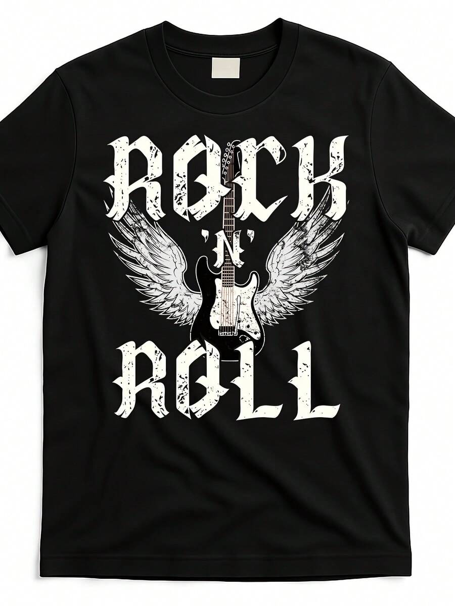 Unisex T-Shirt Made Of Pure Cotton, Vintage Style 70s 80s Rock'n'Roll Graphic T-Shirt, Black, Troubled, Guitar, Wings Design, Unisex, Cotton, Tea For Men And Women, Streetwear, Casual, Music, Gift, Machine Washable, Guitar Shirt, Music-Themed, Relaxed Fit, Short Sleeve, Cover, Casual, Breathable, Soft, Summer, Summer T-Shirt, Blouse, Basic Tops, Tops, Shirt, Creative Design, Outdoor Play, Cool Style, Fun Design, Great For Outdoor Play - Black - View 1