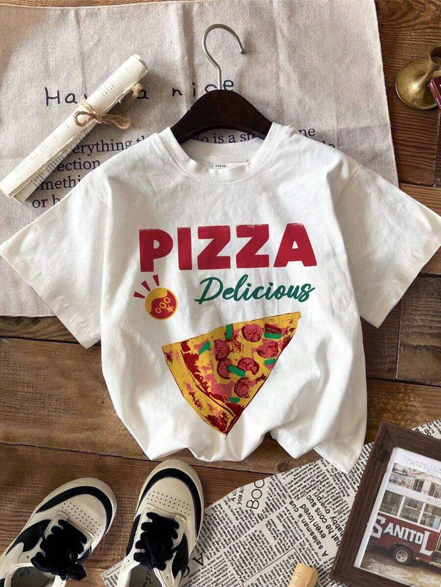 ropa de mujer ModeFlare Wear Camiseta de manga corta con cuello redondo y estampado de pizza deliciosa para niño, ideal para el verano, camisas de mujer - Blanco - Ver 1