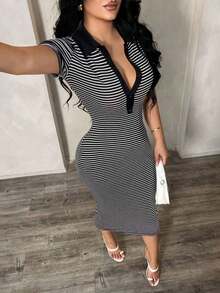 Vestido polo de manga corta a rayas blanco y negro de estilo minimalista y casual para ir al trabajo, vestido de punto de media longitud con ajuste ceñido y gran elasticidad, vestido elegante francés - Negro - Ver 3