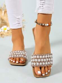 Ximi Ruo New Spring/Summer Fashion Casual Strap Slide Sandals, Comfortable Flat Heel Round Toe Slip-On Beach Slippers, Versatile Decorative Flat Sandals For Summer - Apricot - View 3