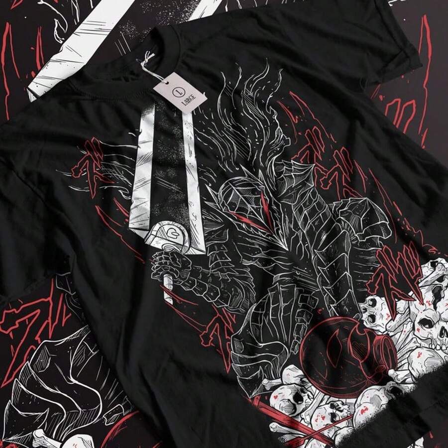 Camiseta negra de manga corta con estampado de calavera y caballero de SwoR1DS1Man, confeccionada en algodón puro de 220 g, para hombre y mujer. Tejido grueso, resistente a las arrugas y a la deformación. Estilo sencillo y versátil, ligero y transpirable, ideal para ir al trabajo, viajar, acampar, ir de compras y para el tiempo libre. - Negro - Ver 1