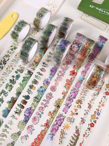 12 Rolls/Box Floral And Plant Pattern Transparent Tape Set, Creative Gold-Foil Pattern Fashion Masking Tape, Used For Envelope Cards And Gift Box Packaging Decoration, Scrapbook Decoration - Multicolor - View 2