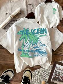 Camiseta de playa estilo tropical de 1 pieza - Manga corta, corte holgado, cuello redondo, con estampados de palmeras y océano, hecha de tela suave y transpirable, adecuada para uso casual en primavera y verano. Camiseta de base blanca lavable a máquina con estampados verdes y azules, perfecta para un look de vacaciones en la playa, tela transpirable, estilo vintage urbano, unisex, de algodón, manga corta, cuello redondo, blusas para mujer. blusas.blusas casuales para dama. - Blanco - Ver 7