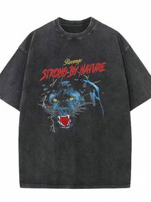 Camisetas de hombre con estampado de cara de tigre feroz y eslogan "Fuerte por naturaleza", estilo vintage streetwear, corte holgado y relajado, camiseta estampada, ropa unisex, moda vintage Y2K, casual, color negro lavado, cuello redondo, manga corta. - Negro - Ver 4