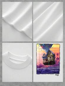 Casa flotante sobre nubes color púrpura con globos que simbolizan sueños y libertad en el cielo al atardecer camiseta de mujer  cómoda y moderna para uso diario - Blanco - Ver 4