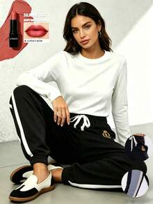 Pantalones largos informales sólidos con efecto de mezclilla y encaje lateral para mujeres - Negro - Ver 2