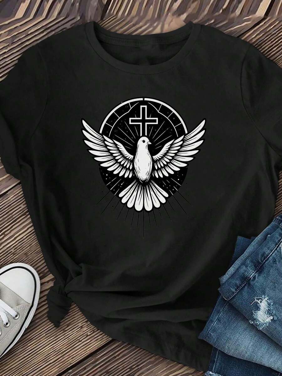 Camiseta religiosa cristiana para hombre - Diseño de Paloma del Espíritu Santo y Cruz - Ropa negra con Espíritu Santo blanco - Camisa de culto de corte holgado para la iglesia para Pentecostés, Ascensión, Pascua - Regalo de ropa cristiana para todas las estaciones para hombre - Camiseta de hombre Twilight Y2k - Negro - Ver 1