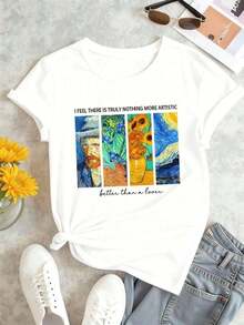 Camiseta de oto?o con estampado artístico de Van Gogh, cuello redondo, corte holgado, estilo casual y cómodo.100% Cotton - Blanco - Ver 2