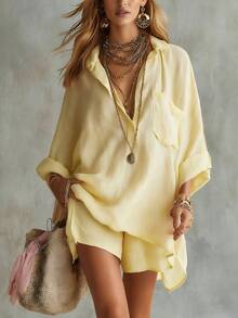 Women's Linen Blend Two-Piece Outfit, Oversized Roll-Up Sleeve Shirt And High Waist Shorts Set, Casual Loose Summer Beach Co-Ord - Màu Khaki - Xem 2