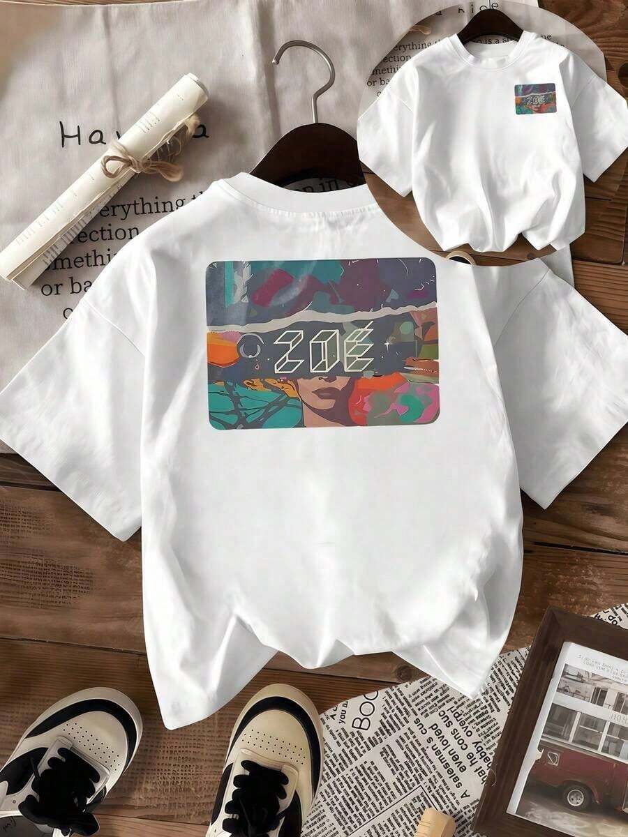 GiftArte abstracto que mezcla tonos vivos mostrando una figura femenina con gafas y horizonte colorido simbolizando libertad creatividad y energía contemporánea Camiseta mujer doble cara estampada casual moderna cómoda para uso diarioSoft - Blanco - Ver 1