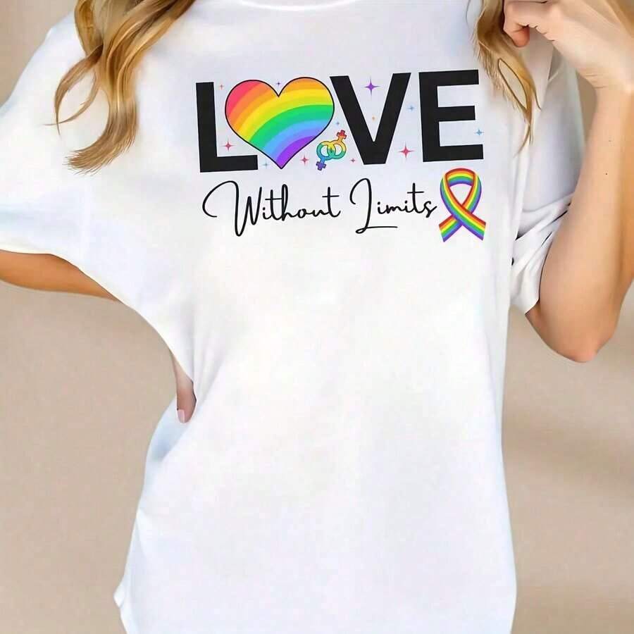 Camiseta "Amor Sin Límites Orgullo", Camiseta de Manga Corta Unisex para Apoyo LGBTQ+, Regalo para Aliados y Activistas, Camiseta Arcoíris, Camisetas Impresas Inclusivas, Blusas para Mujer, Camisetas de Manga Corta Estampadas - Blanco - Ver 1