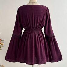 Women's Bohemian Lace Patchwork Flare Sleeve Tie Waist Blouse, Suitable For Vacation, Casual, Elegant Wear, Music Festival Spring - Negro - Ver 3