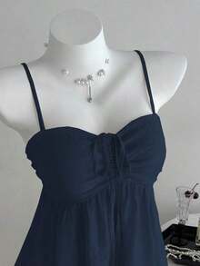 Camiseta de tirantes con volantes de unicolor lindo para damas, ropa de verano para la universidad - Azul marino - Ver 3