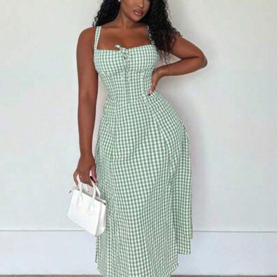 Women's Casual Plaid Print Spaghetti Strap Slit Midi Dress Women Summer Clothing Women Summer Sets Woman S Summer Clothes Women S Clothes Women Plus Sun Dress Yellow Summer Dress Women Yellow Sundress Women Cotton Summer Dresses Gingham Summer Dress Summer Dress,Boho Clothes Women New Year Vacation Check - verde menta - Ver 1