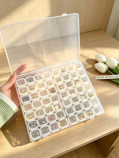 Multi-Grid Clear Jewelry & Nail Art Organizer Box, 1PC 56Grids Portable Plastic Storage Case, Transparent Design With Removable Compartments, Dustproof & Reusable, Ideal For Earrings, Rings, Necklaces & Small Accessories, Also Perfect For Nail Art Rhinestones, Beads & Tiny Parts, Great Home, Office & Travel Storage Solution For Women