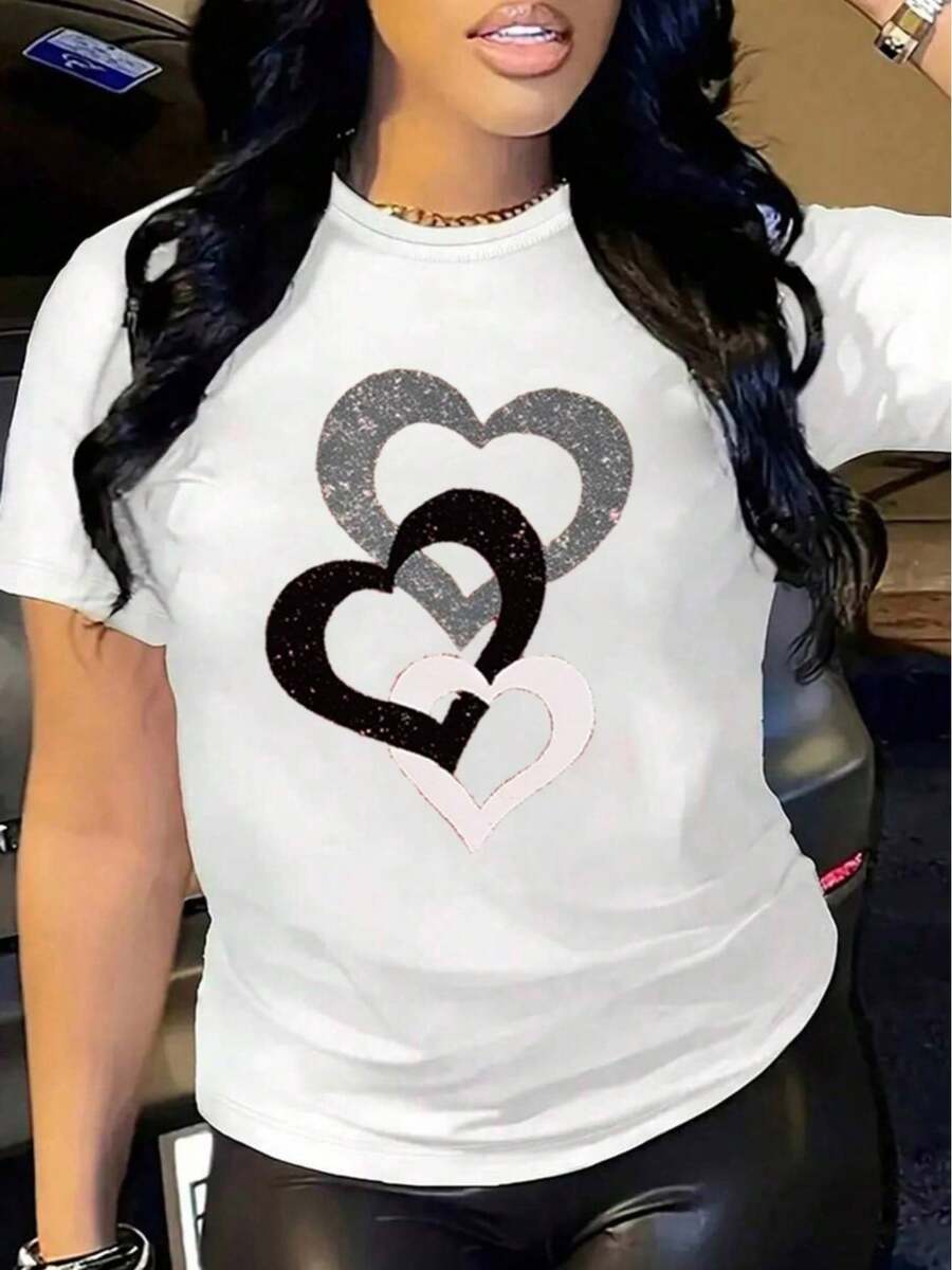 YOCASA Camiseta informal de verano para mujer, de cuello redondo, ajustada y manga corta, con estampado de pintura al óleo, floral, de corazones, de cerezas y de letras. Tejido informal sencillo, estilo deportivo, ideal para el día a día y para una cita de San Valentín. - Blanco - Ver 1