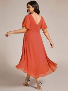 EVERPRETTY Elegant Plus Size Bridesmaid Mid-Length Dress, Deep V-Neck, Ruffle Sleeves, Chiffon Pleated Asymmetric Ruffle Design - Burnt Orange - View 2