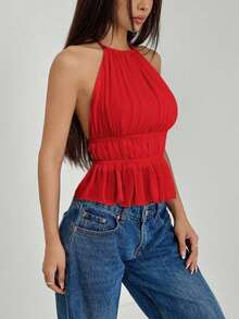 Top sin espalda con cuello de halter con pliegues y cintura con lazo para mujer - Burdeos - Ver 4