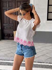 Blusa de verano casual de vacaciones con bordado floral y volantes en las mangas - Rosa - Ver 1