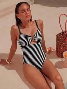 Swim Chiccia Nuevo traje de baño de una pieza elegante de unicolor, exquisito, para mujeres, para playa, natación y spa, temporada primavera/verano 2026 - Blanco y Negro 3 - Ver 5