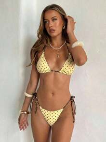Conjunto de bikini de 2 piezas con estampado de lunares, traje de baño sexy para fiestas y festivales de música, atuendo de playa para vacaciones de mujer - Amarillo - Ver 6