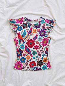 Camiseta casual de mujer con cuello redondo, mangas de volantes y estampado floral, blusas florales para mujer, blusas con mangas de volantes, para salir, blusas de manga corta lindas - Multicolor 3 - Ver 6