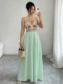 Vestido largo con abertura, escote en V, estampado floral, espalda elástica, diseño elegante y casual para uso diario, vacaciones y días festivos - Verde - Ver 3