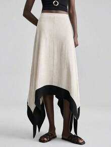 Ontre 2026 Falda asimétrica de mujer para primavera/verano, tela de lino suave a la piel, con ribete de color contrastante, atuendo elegante y moderno para invitada de boda, con sensación de lujo romántico minimalista francés, estilo urbano chic de oficina casual, estilo vintage de alta gama discreto, atuendo de alta calidad para aeropuerto/crucero, esencial para festival de Oriente Medio, tela premium versátil para todas las estaciones, falda de mujer para boda, uso en vacaciones/playa/oficina - Blanco y Negro - Ver 5