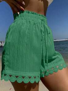 Conjunto de 3 piezas de ropa de verano para vacaciones en la playa para mujer: Cubrecostos con cintura anudada y encaje, Top de traje de baño, Shorts - Verde - Ver 3