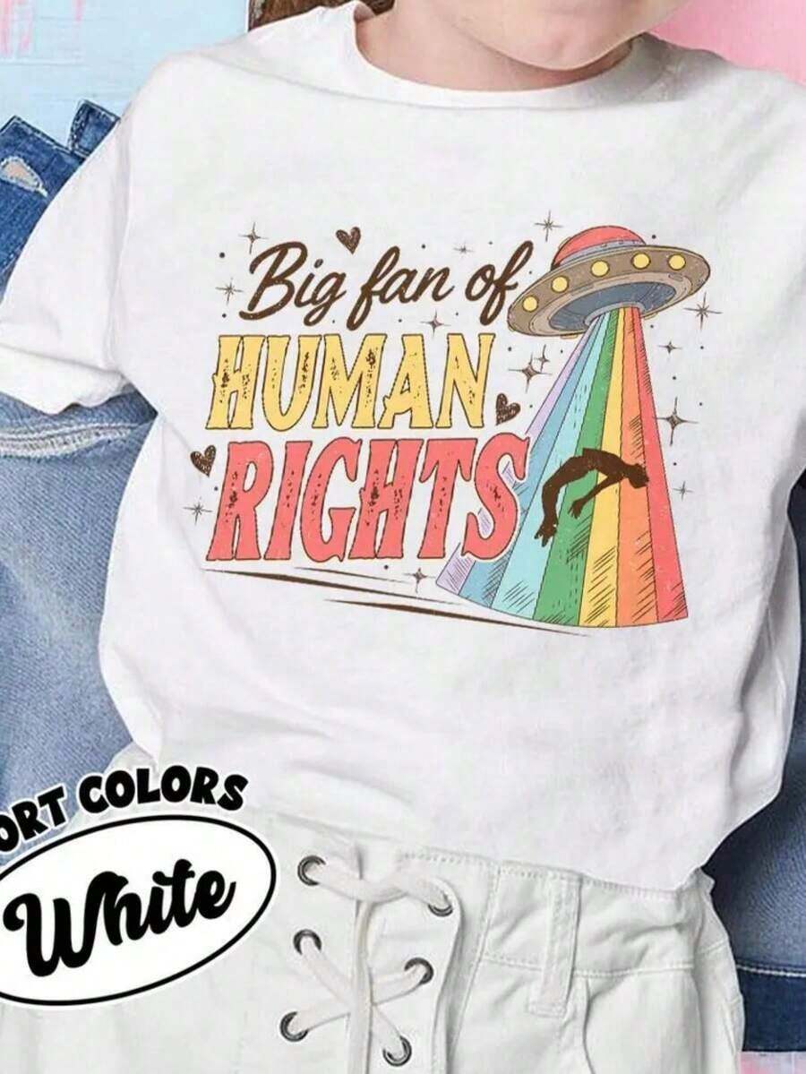 UFO Rainbow Big Fan Of Human Rights Shirt, Democrat T-shirt, Equality Social Justice Color Tee, Activist Lover Gift Camiseta informal de moda con estampado creativo para mujer, de manga corta y cuello redondo, para primavera y verano T-Shirt Women Festive Celebration Shirt Party Wear Top - Blanco - Ver 1