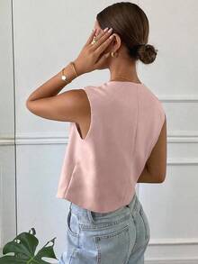 Chaqueta ajustada sin mangas de cuello redondo de unicolor para mujer, primavera y verano - Rosa 2 - Ver 2