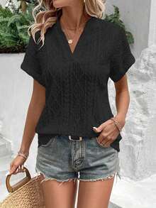 Camiseta suelta de mujer de manga de murciélago con escote en pico, de tela texturizada de unicolor, para verano y vacaciones - Negro - Ver 5