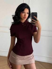 Blusa de cuello Mao de manga corta con cintura ceñida, estilo chino nuevo en color albaricoque, nuevo diseño de primavera/verano para mujer - Burdeos - Ver 8