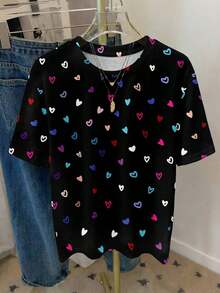 Camiseta holgada de manga corta con cuello redondo y gráfico de corazón minimalista casual para mujer, adecuada para primavera/verano, Día de San Valentín, Carnaval - Camiseta gráfica linda con diseño de corazón, casual - Multicolor 11 - Ver 6