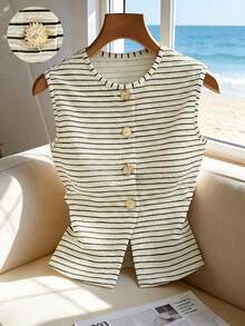 Elegante y versátil top de punto a rayas, apropiado para ir a la oficina, salir de fiesta o uso casual.Cuello redondo, sin mangas, con decoración de botones metálicos. - Albaricoque - Ver 8