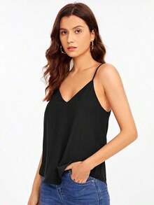 Top de camiseta sin mangas de color negro unicolor, uso casual de negocios, camiseta de otoño - Negro 4 - Ver 5
