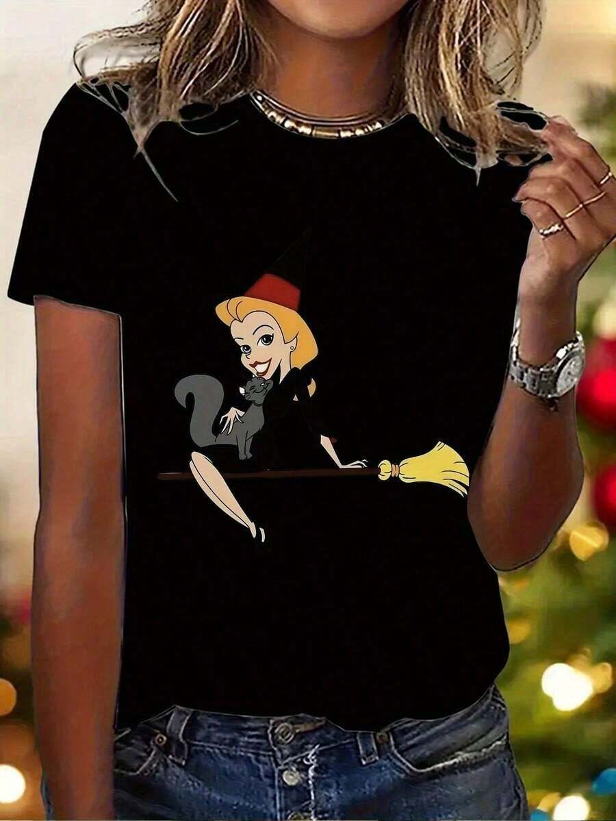 Y2K Women's Elegant Style T-Shirt With Witch Print, Short Sleeve, Round Neck, Casual Top For All Seasons | Fashionable Casual Wear | Letter Print - 黑色 - 查看 1