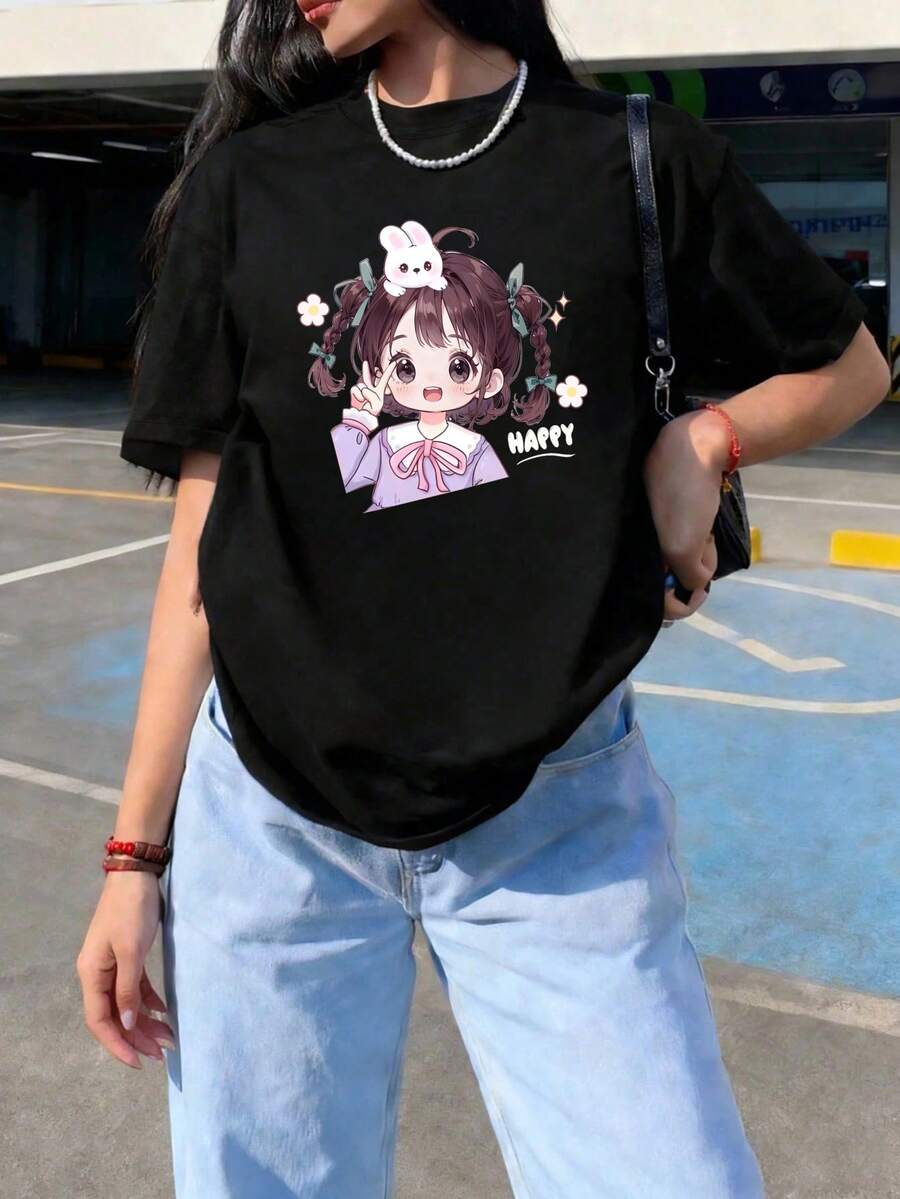 Women's Spring/Summer Short Sleeve T-Shirt With Cute Cartoon Print - Casual Round Neck Blouse, Machine Washable, Suitable For Home, Travel, And Casual Wear, Regular Fit Opaque T-Shirt, Versatile Wardrobe Basic - 黑色 - 查看 1