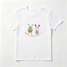 Playera Algodón Niña Estampado Conejos Coloridos - Diseño Tierno Infantil - Blanco - Ver 1