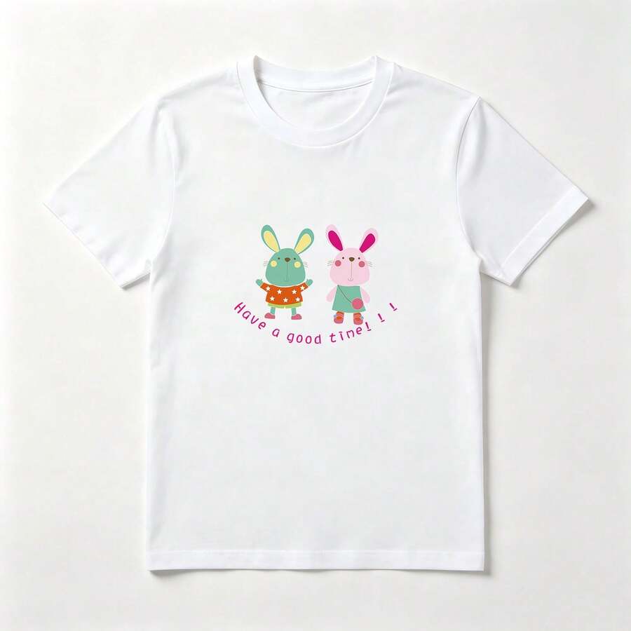 Playera Algodón Niña Estampado Conejos Coloridos - Diseño Tierno Infantil - Blanco - Ver 1