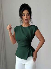 Conjunto de primavera para mujer para exteriores, adecuado para Año Nuevo, Día de San Valentín, Pascua, Día de la Madre, fiesta de Oriente Medio, boda, elegante vacación romántica francesa, lugar de trabajo, blusa sin mangas con cintura ceñida y v - Verde Oscuro - Ver 3