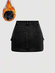 Minifalda casual cargo de mezclilla lavada para mujer - Negro - Ver 2