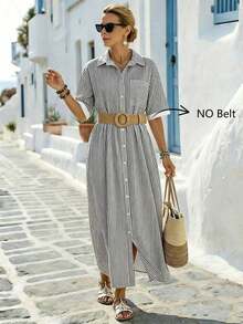 Holidaya Vestido casual de mujer con bolsillo, cuello de solapa y rayas, para verano - Negro - Ver 1