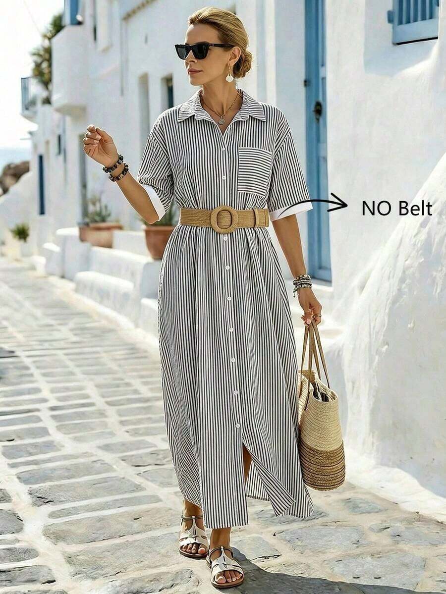 Holidaya Vestido casual de mujer con bolsillo, cuello de solapa y rayas, para verano - Negro - Ver 1