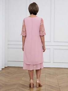 Medorina Vestido de mujer con cuello redondo, manga corta, volantes en el bajo y encaje en contraste, conjunto de verano para vacaciones para mujer en primavera y verano - Rosa - Ver 2