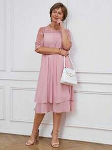 Medorina Vestido de mujer con cuello redondo, manga corta, volantes en el bajo y encaje en contraste, conjunto de verano para vacaciones para mujer en primavera y verano - Rosa - Ver 5