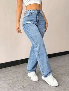 Jeans rectos de talle alto con bolsillos, ajustados y desgastados para mujer - Lavado ligero - Ver 6