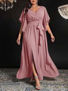 Vestido maxi elegante de fiesta con abertura, cuello en V ajustado, mangas acampanadas y cintura fruncida, talla grande para mujer - Rosa vieja - Ver 4