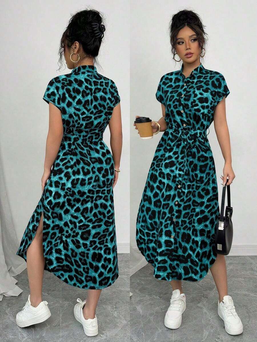 Vestido largo de manga corta para verano 2025, nuevo, con bolsillo, abertura lateral, cinturón y lazo, estampado de leopardo, para uso casual y de viaje - Verde Oliva - Ver 1